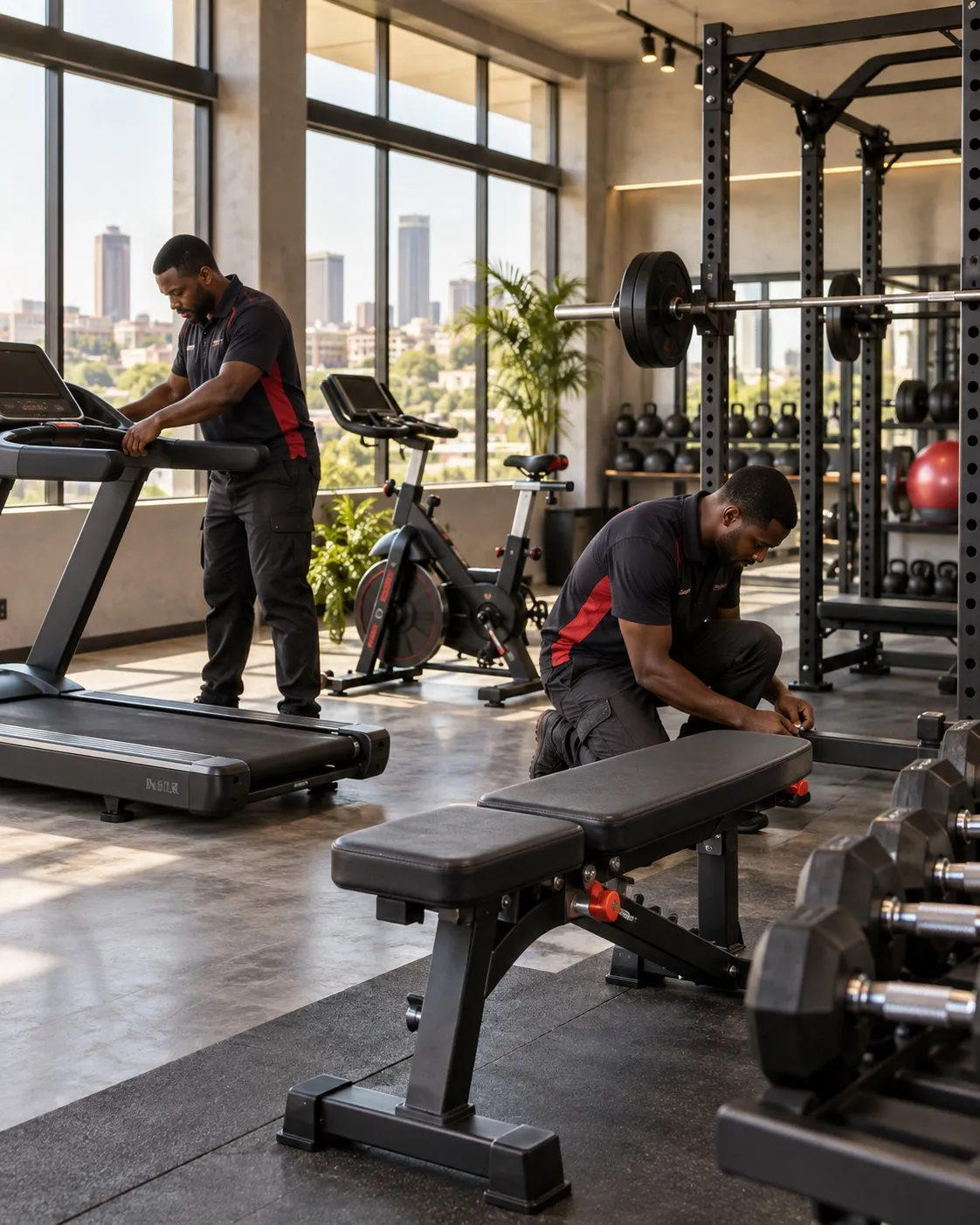 Fitness equipment specialists setting up cardio and strength machines in a modern gym